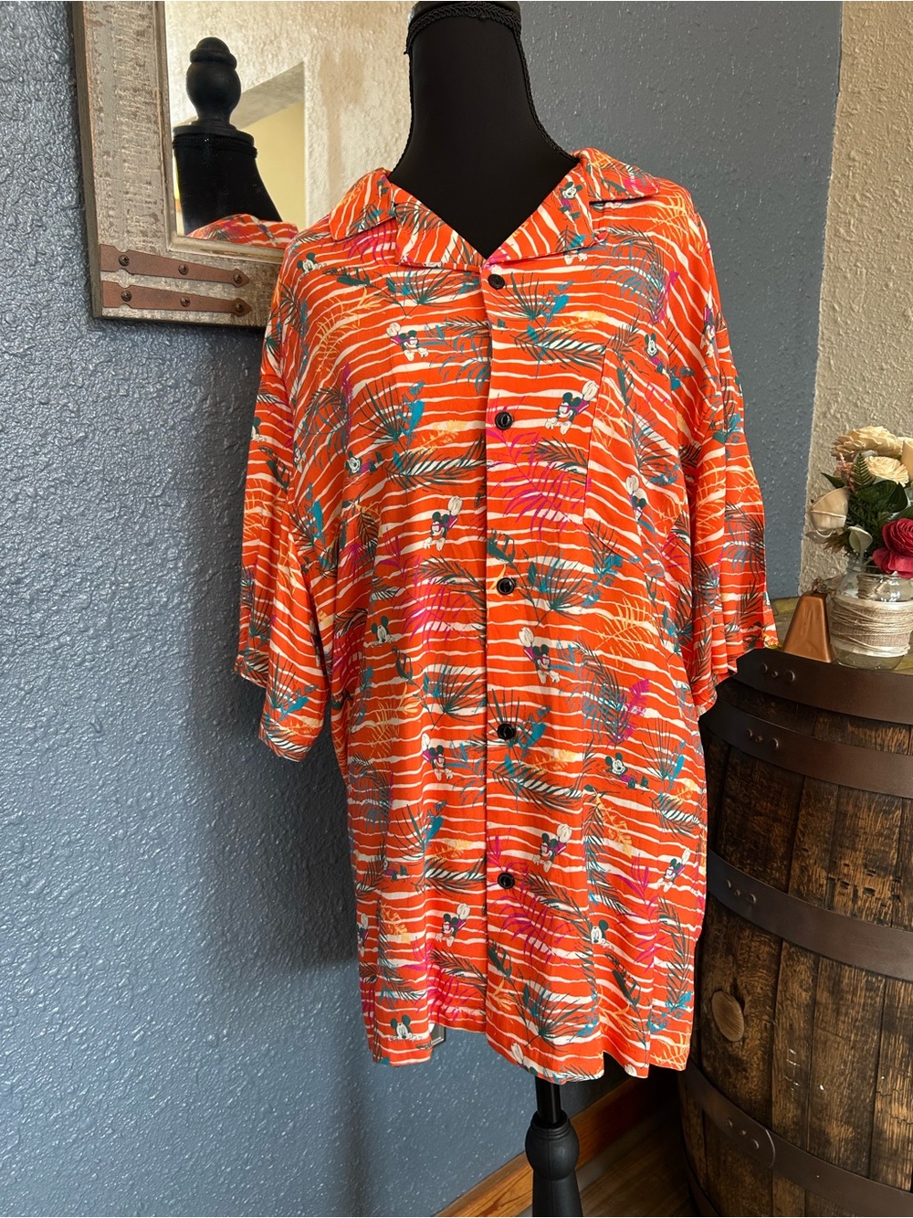 Disney Orange Tropical Print Casual Button-Down Shirt